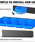 Wall Mounted Storage Bins Kit With 16 Plastic Bins And 4 Rails For Your Garage Tools Keeps Screws Nuts Bolts Nails And Small Hardware Sorted And Easy To Reach Heavy Duty Hanging Organizer System In Bright Blue, showing easy installation of blue bins on black rails.