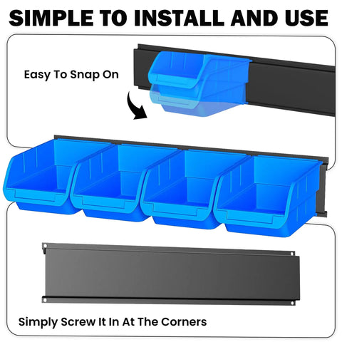Wall Mounted Storage Bins Kit With 16 Plastic Bins And 4 Rails For Your Garage Tools Keeps Screws Nuts Bolts Nails And Small Hardware Sorted And Easy To Reach Heavy Duty Hanging Organizer System In Bright Blue, showing easy installation of blue bins on black rails.