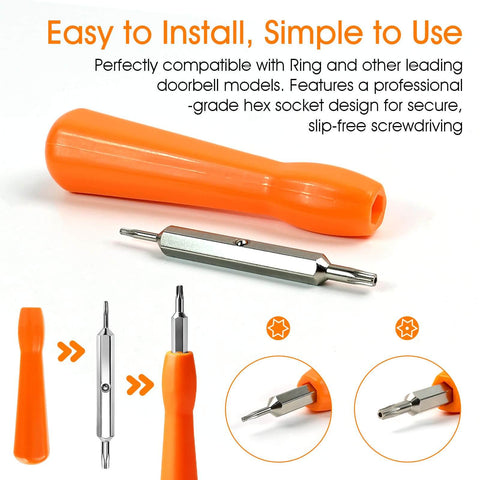 Doorbell Screwdriver Replacement Tool For Camera Double Ended T6 T15 Screwdriver Video Doorbell Setup And Password Reset Includes 20 Replacement Screws Durable S2 Steel Ergonomic Non Slip Grip, shown with orange handle and metal tool.