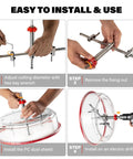 Adjustable Hole Saw Cutter Kit 1.6 Inch To 11.8 Inch Range installation steps with PC dust shield and tools.