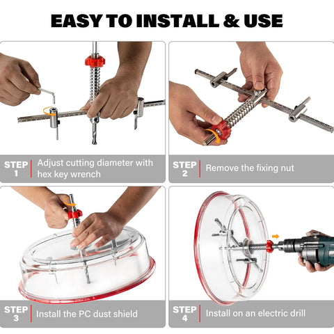 Adjustable Hole Saw Cutter Kit 1.6 Inch To 11.8 Inch Range installation steps with PC dust shield and tools.
