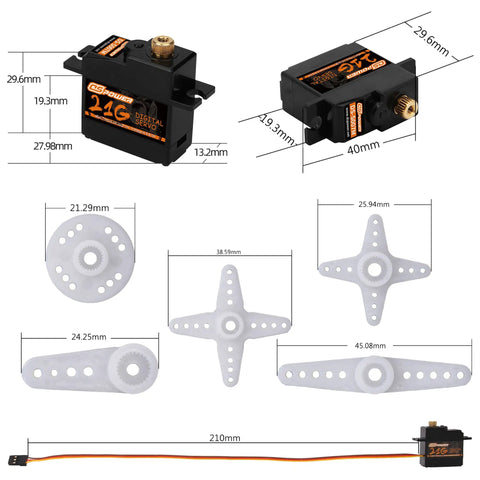 21G Micro Digital Servo with 25T Arm and Full Metal Gear, dimensions, and parts for 1 by 18, 1 by 16, 1 by 14 RC models.