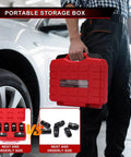 Person holding case of Beefed-Up Six-Piece One Half Inch Drive Crank Bolt Socket Set near car tire