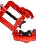Heavy Duty Pipe Vise With Beefy Forged Steel Yoke For Plumbing Tasks Clamp On Mount with red finish, holding metal tubing securely.