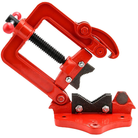 Heavy Duty Pipe Vise With Beefy Forged Steel Yoke For Plumbing Tasks Clamp On Mount with red finish, holding metal tubing securely.