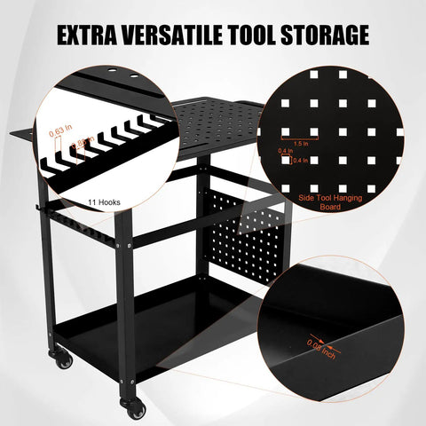 Heavy Duty Rolling Welding Cart With Spacious 36 By 24 Inch Steel Workbench On Wheels, showing tool storage features and dimensions.