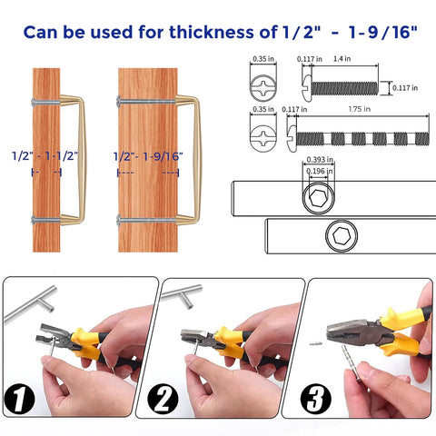 Installation diagram for 10 Pack Champagne Bronze 5 Inch Kitchen Cabinet Handles, showing mounting on wood with measurements and screws.