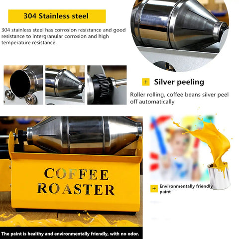 Crank Up Your Home Brewing Setup With This Solid Coffee Roaster Machine featuring the stainless steel drum and yellow coffee roaster body.