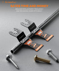 Heavy Duty Two Pack Carbide Oscillating Multi Tool Blades With Black Ice Coating For Zero Friction Cuts Through Lumber Plywood Tile And Hardened Surfaces Gear Up Your Toolbox Today displayed on metal surface with screws.