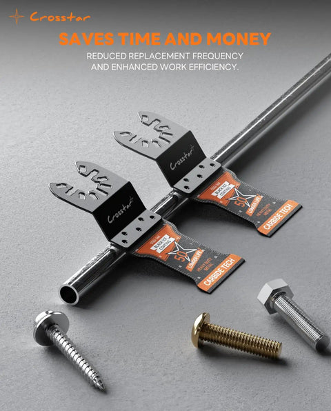 Heavy Duty Two Pack Carbide Oscillating Multi Tool Blades With Black Ice Coating For Zero Friction Cuts Through Lumber Plywood Tile And Hardened Surfaces Gear Up Your Toolbox Today displayed on metal surface with screws.