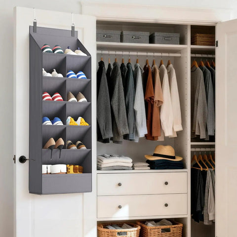 Six Tier Over The Door Shoe Organizer With Deep Fabric Pockets Keeps Your Kicks Neat Holds Up To 12 Pairs Of Sneakers And Boots For Bedroom Closet Or Dorm Room Organization In Gray in a closet setup.