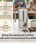 Big Batch French Press Coffee Maker That Will Not Quit Double Wall Stainless Steel Plastic Free Insulated Brewer holds sixteen cups on table.
