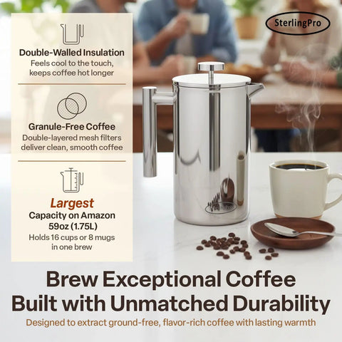 Big Batch French Press Coffee Maker That Will Not Quit Double Wall Stainless Steel Plastic Free Insulated Brewer holds sixteen cups on table.