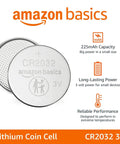 Stock Up On These Hella Reliable CR2032 3 Volt Lithium Coin Cell Batteries 4 Pack AirTag Compatible For Key Fobs Watches And Remotes With Child Safe Packaging And Top Shelf Run. Close-up of CR2032 lithium coin cell battery with 225mAh capacity.