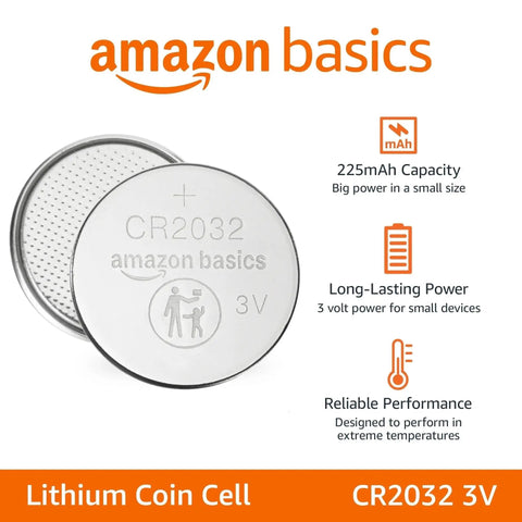 Stock Up On These Hella Reliable CR2032 3 Volt Lithium Coin Cell Batteries 4 Pack AirTag Compatible For Key Fobs Watches And Remotes With Child Safe Packaging And Top Shelf Run. Close-up of CR2032 lithium coin cell battery with 225mAh capacity.
