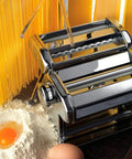 Automatic Electric Noodle Maker And Dough Roller For Home Kitchen Easy Thick Pasta Press With Adjustable Settings, stainless steel design.
