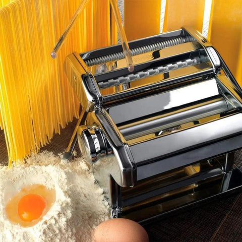 Automatic Electric Noodle Maker And Dough Roller For Home Kitchen Easy Thick Pasta Press With Adjustable Settings, stainless steel design.