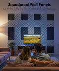 Couple sitting on a couch in front of a TV with Top Shelf Self Adhesive Sound Proof Foam Panels For Walls Premium Acoustic Treatment.