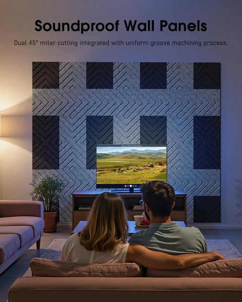 Couple sitting on a couch in front of a TV with Top Shelf Self Adhesive Sound Proof Foam Panels For Walls Premium Acoustic Treatment.