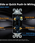 Back view of Three Way Decorator Light Switch Set For DIY Home Upgrades 15 Amp 120 277 Volt with labeled wiring points