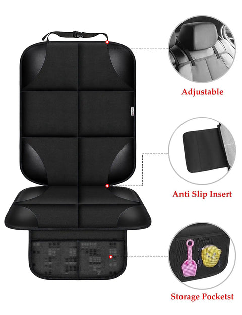 Kid Car Seat Protector For Back Seat, Durable 600D Fabric Waterproof Cover With Thick Pad And Non Slip Backing, shown with features.