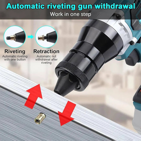 Close-up of Portable Cordless Rivet Gun Brushless Electric Blind Riveter Kit demonstrating automatic riveting and nut retraction.