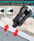 Pro-Tier Heavy Duty Cordless Rivet Gun Electric Automatic Badass Tool With M3-M12 Heads And Blind Nut Pulling For Automotive Repair Built Different With Memory Function And 16000N Force Guaranteed automatic riveting gun demonstrating ratcheting action on metal.