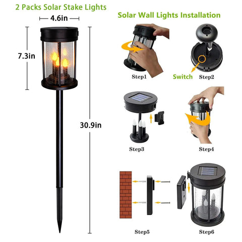 Outdoor Solar Stake Lights With Flickering Candle Lanterns For Yard And Patio 2 Pack Black Garden Pathway Lights Weatherproof 3 In 1 Design Easy Install Adds Warm Ambient Glow To Lawn Walkway Wall Decor, installation steps illustrated.