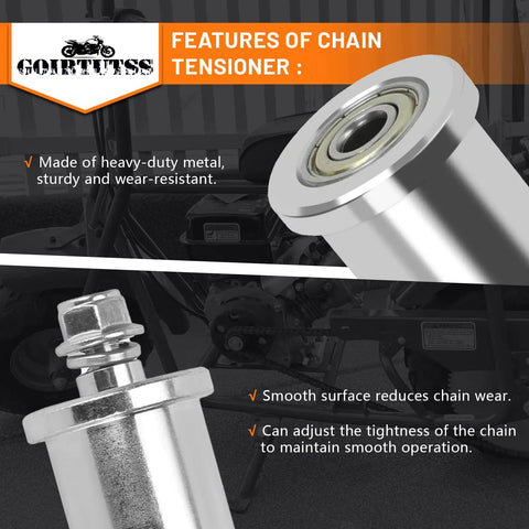 8mm Chain Tensioner With 1-3/4 Inch Roller for Baja Ct100u Ct100x and 97cc 100cc Mini Bikes, durable silver finish, features highlighted
