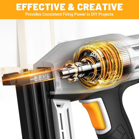 Close-up view of the Badass Heavy Duty 2 In 1 Electric Nail Gun 18 Gauge Brad Nailer and Corded Stapler, showcasing internal mechanics.