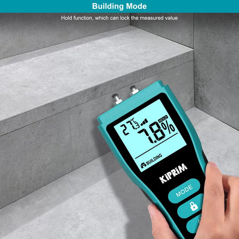 Pin Type Moisture Meter For Wood Walls Drywall Concrete And Paper With Digital LCD Readout Temperature In C F Hold Function Four Material Modes And Replacement Pins Included WM02 Pro Grade Handy Tool For Quick Accurate Readings. measuring concrete stairs with hold display