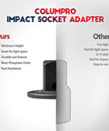 Diagram comparing Columpro impact socket adapter with other brands, highlighting advantages like minimum height and durability.