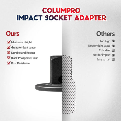 Diagram comparing Columpro impact socket adapter with other brands, highlighting advantages like minimum height and durability.
