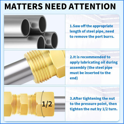 Steps for installing brass compression tube fitting 1/4 inch union with guidelines on cutting, lubricating, and tightening the nut by 1/2 turn.