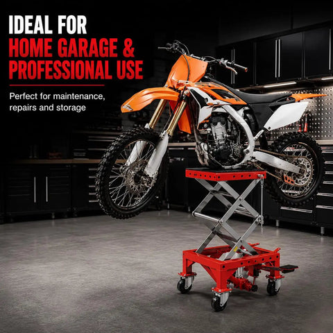Heavy Duty Hydraulic Motorcycle Scissor Lift Jack 300 Lb Capacity Foot Operated Mini Lift Table With Crank For Dirt Bikes Atvs Badass Garage Shop Tool