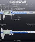 Diagram of Type C Rechargeable 6 Inch Digital Caliper With Stainless Steel Vernier, IP54 Protection, showcasing parts and dimensions.