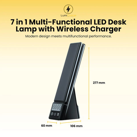 Side view of 7 In 1 Desk Lamp With 10W Wireless Charging Pad And Clock Dimmable LED Light With USB Alarm, black, 277mm tall