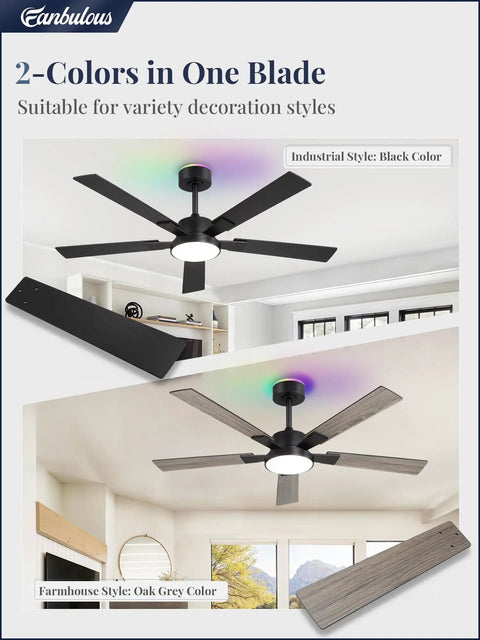 Modern 52 Inch Smart Ceiling Fan Provides Super Chill Airflow And Bright Dimmable Led Lighting Seamless Alexa And Google Assistant Sync No Sweat Assembly For Cozy Vibes Daily with multi-color blades in black and oak grey.