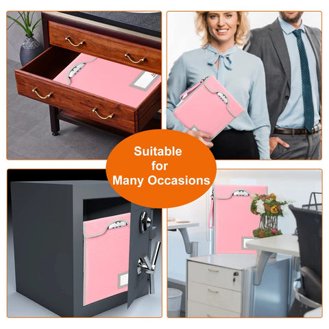 Lockable Fireproof Money Pouch Travel Organizer 15x11 Inches Pink in drawer, held by person, in safe, and on desk.