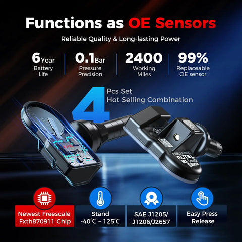 Programmable TPMS Sensor MX 315/433MHz For Cars And Light Trucks, Universal Coverage, Easy Setup, Cost-Effective Tire Pressure Monitoring Sensor For Shops And DIYers, 99 Percent Vehicle Compatibility, 4-piece set