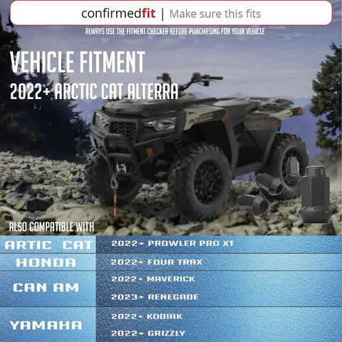 16 Pcs Beefy Bulge Acorn Lug Nuts M10x1.25 Threads displayed with Arctic Cat Alterra ATV on rocky terrain