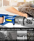 Etsuosy Electric Rebar Cutter With Powerful 900W Motor cutting through various rebar types, featuring handheld design and hydraulic system.