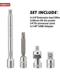 1/4 Inch Drive Click Torque Wrench Set parts including 100mm extension bar, H5 bit socket, universal joint, and adapter.