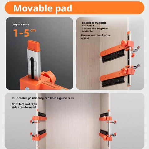 Slide Installation Jig With Toggle Clamp And Magnetic Arm Locator For Cabinets Faster Straighter And Smarter Drawer Installations On Side Mount And Undermount Slides Durable Cabinet Hardware Jig For Precise Clean High Quality Results in use on a cabinet.