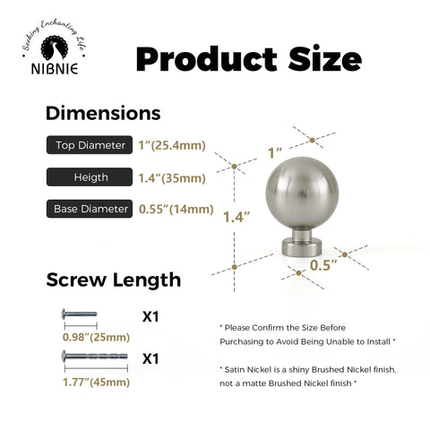 1 Inch Brushed Nickel Cabinet Knobs Set dimensions and screw length diagram