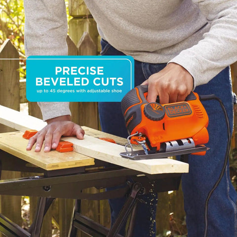 Man using Powerful 5 Amp Corded Jig Saw With 3000 Bpm Blade Speed, Three Quarter Inch Orbital Action for precise beveled cuts