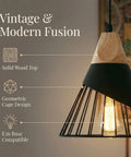 Dope Black Farmhouse Wooden Pendant Light featuring solid wood top, geometric cage design, E26 base, adjustable height for kitchen island.