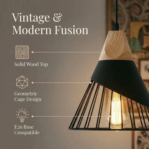 Dope Black Farmhouse Wooden Pendant Light featuring solid wood top, geometric cage design, E26 base, adjustable height for kitchen island.