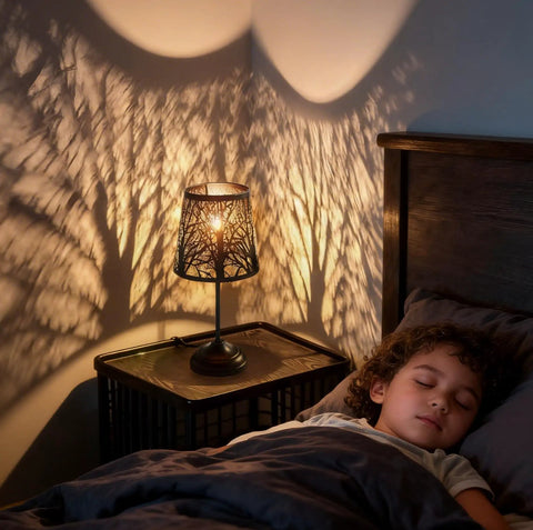 3 Level Dimmable Touch Table Lamp Black Metal Tree Pattern Shadow Bedside Cozy Night Light For Kids Vintage Accent Decor