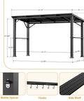 Diagram showing dimensions and features of Hardtop Outdoor Grill Gazebo 12x6 with rustproof steel frame, hooks, and bottle opener.